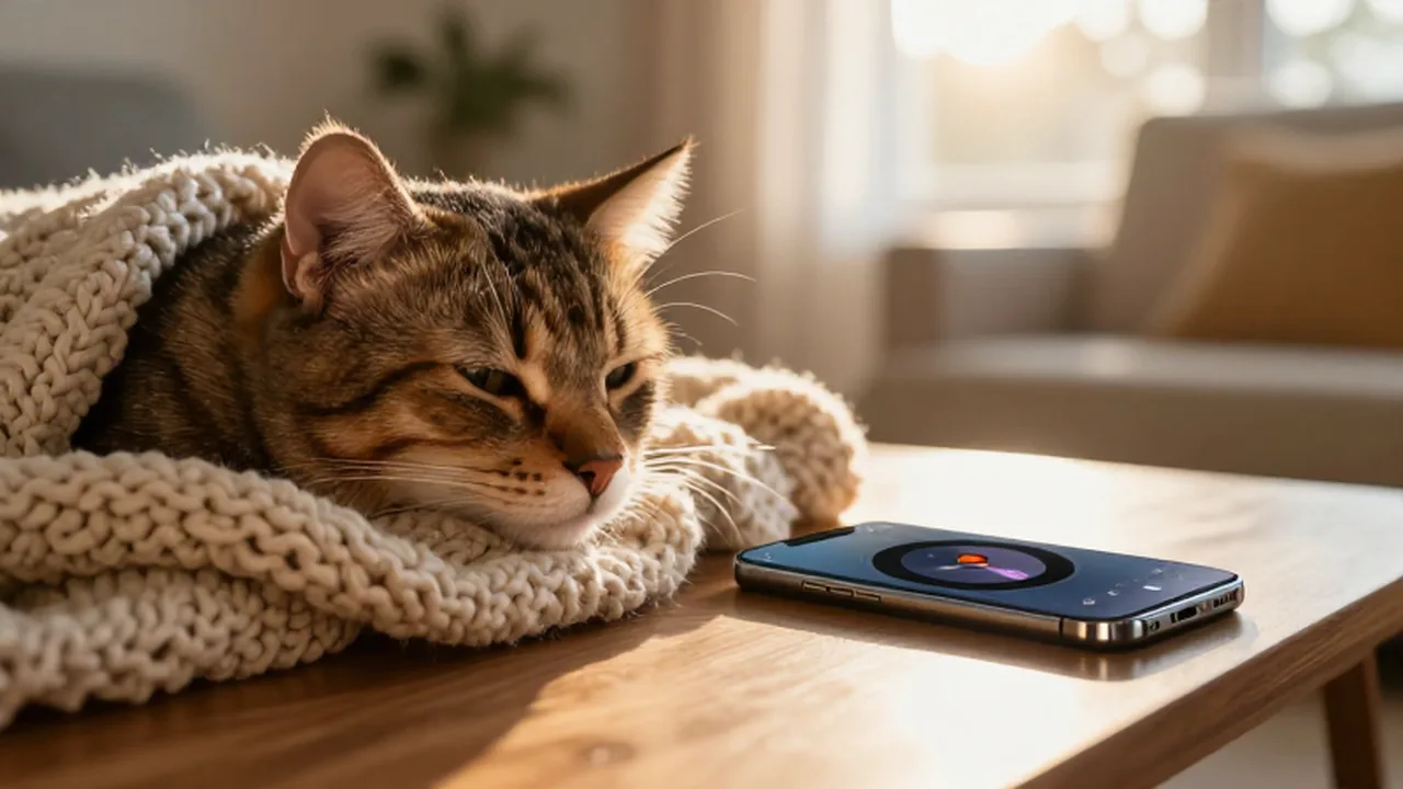 Gato tranquilo descansando sobre una manta tejida junto a un teléfono en una sala iluminada por el sol.