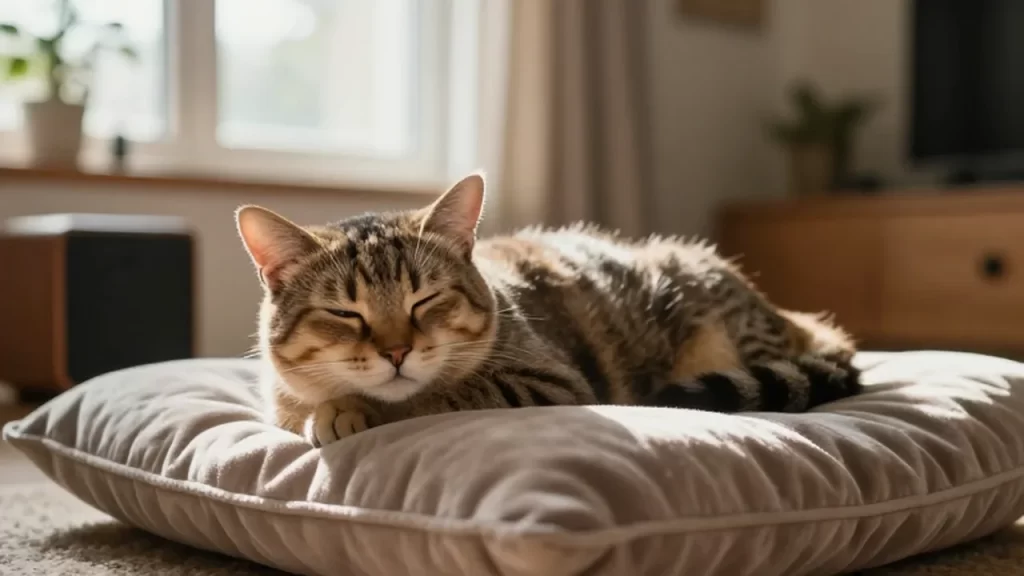Gato doméstico descansando plácidamente sobre un cojín de terciopelo en una acogedora sala iluminada por el sol.