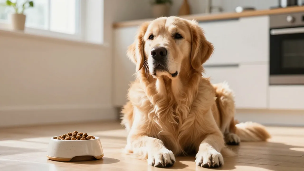 Golden Retriever tranquilo sentado en una cocina luminosa junto a su cuenco de comida.