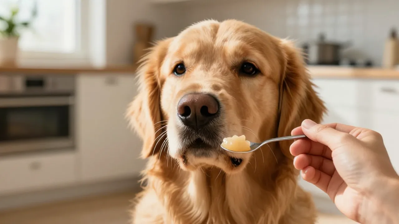 Golden retriever curioso observando una pequeña cucharada de pasta probiótica sostenida por una mano.