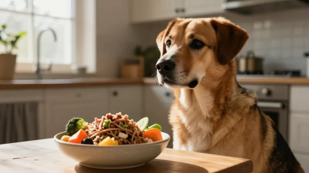 Perro sentado tranquilamente junto a un cuenco con comida saludable y vegetales en una cocina luminosa.