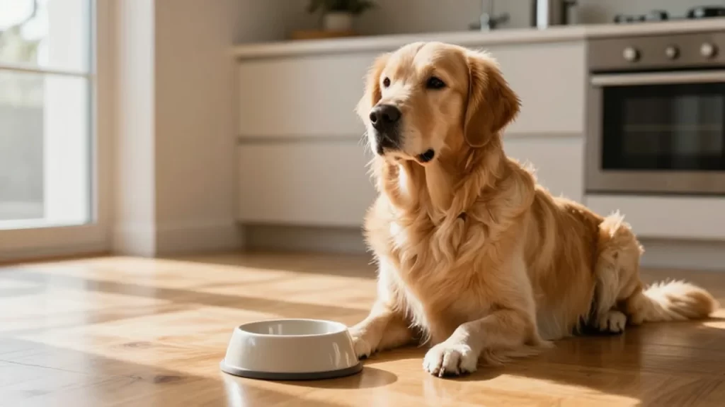 Golden retriever sentado junto a un cuenco de cerámica en una cocina luminosa.