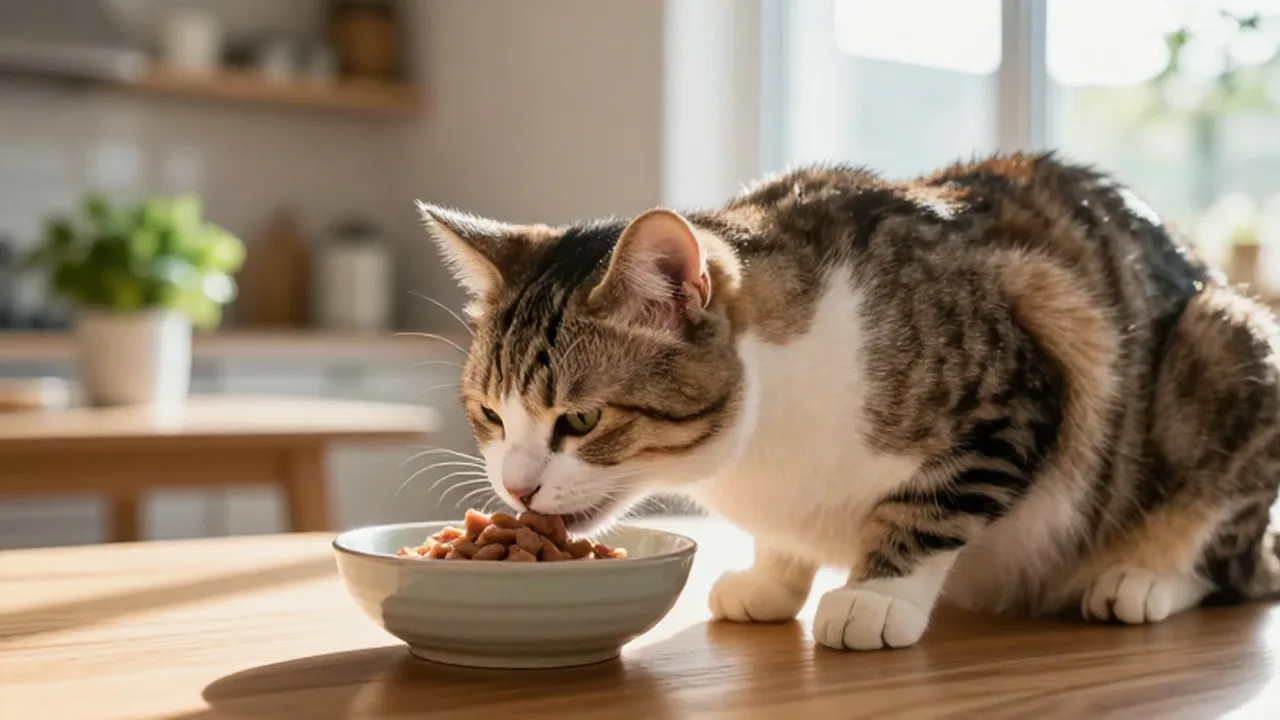 Gato doméstico comiendo comida húmeda en un cuenco de cerámica bajo la luz del sol.