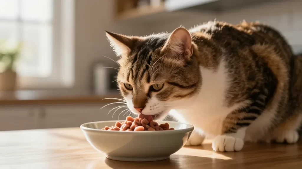 Gato doméstico comiendo comida húmeda en un cuenco de cerámica en una cocina iluminada.