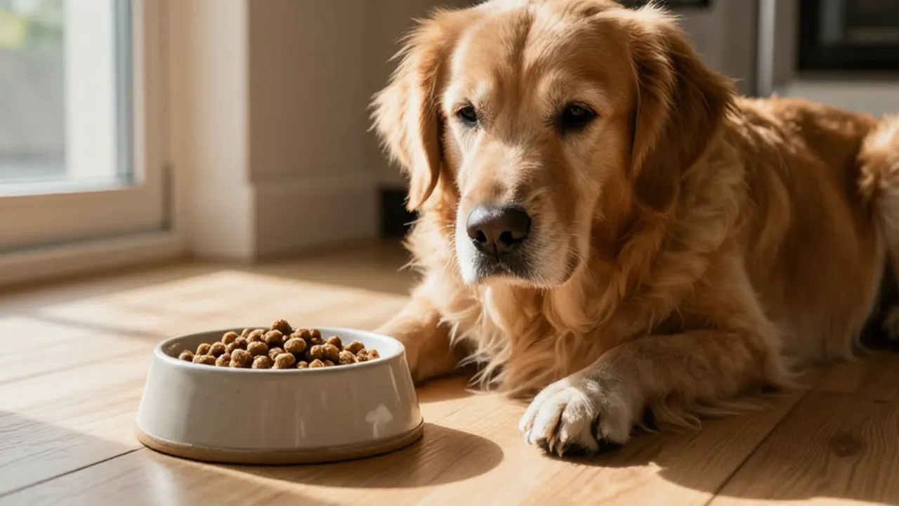 Perro retriever dorado con el hocico canoso sentado junto a su cuenco de comida.