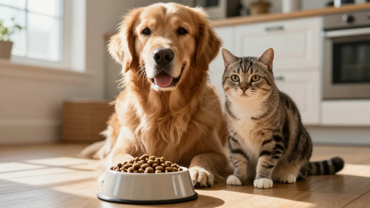 Golden retriever y gato senior sentados junto a un cuenco de comida sobre un suelo de madera.