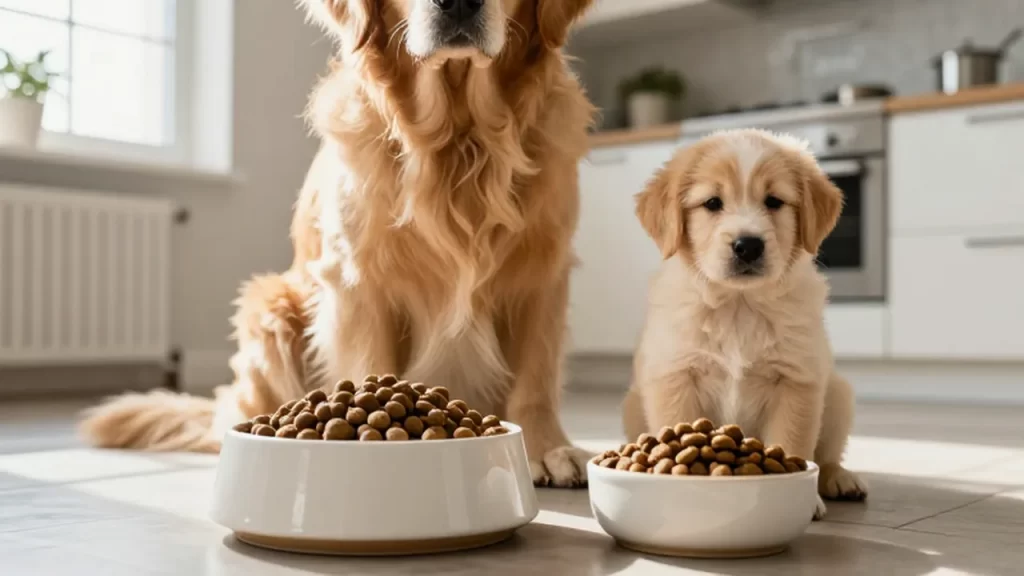 Perro golden retriever mayor y cachorro sentados junto a sus cuencos de comida en la cocina.
