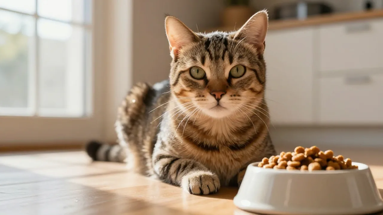 Gato tabby sentado junto a su cuenco de comida sobre un suelo de madera iluminado por el sol.