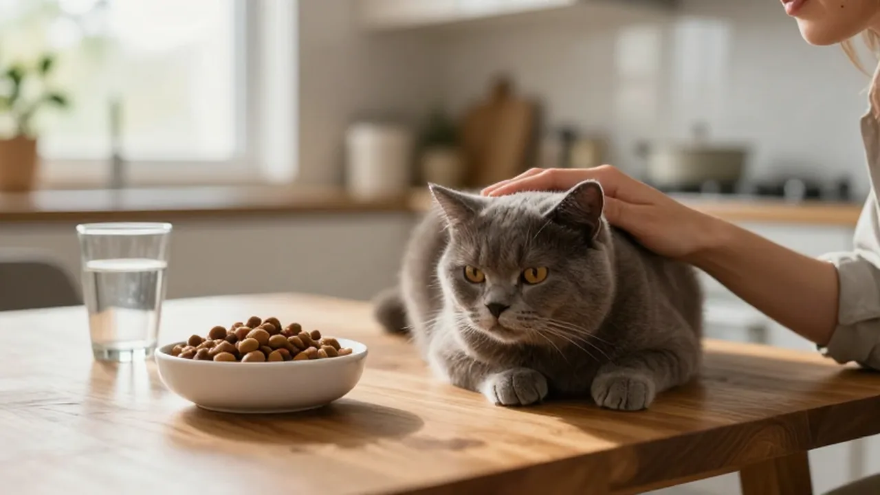 Persona acariciando suavemente a un gato sobre una mesa de madera en una cocina iluminada por el sol.