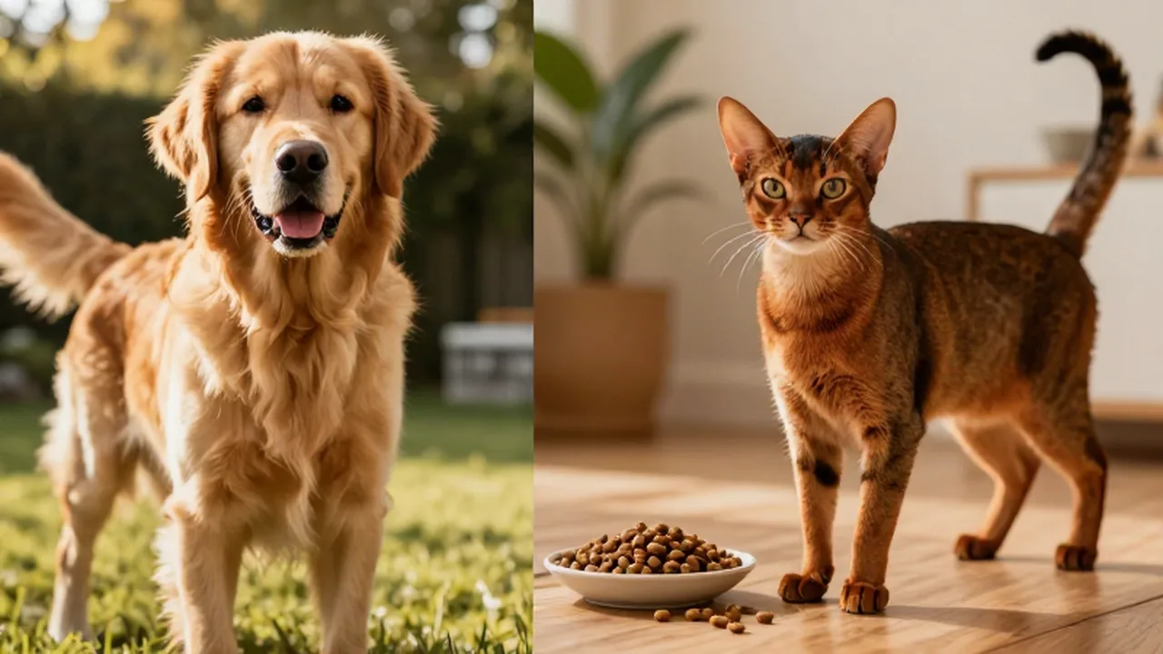 Composición dividida que muestra a un Golden Retriever musculoso y a un gato Abisinio atlético.