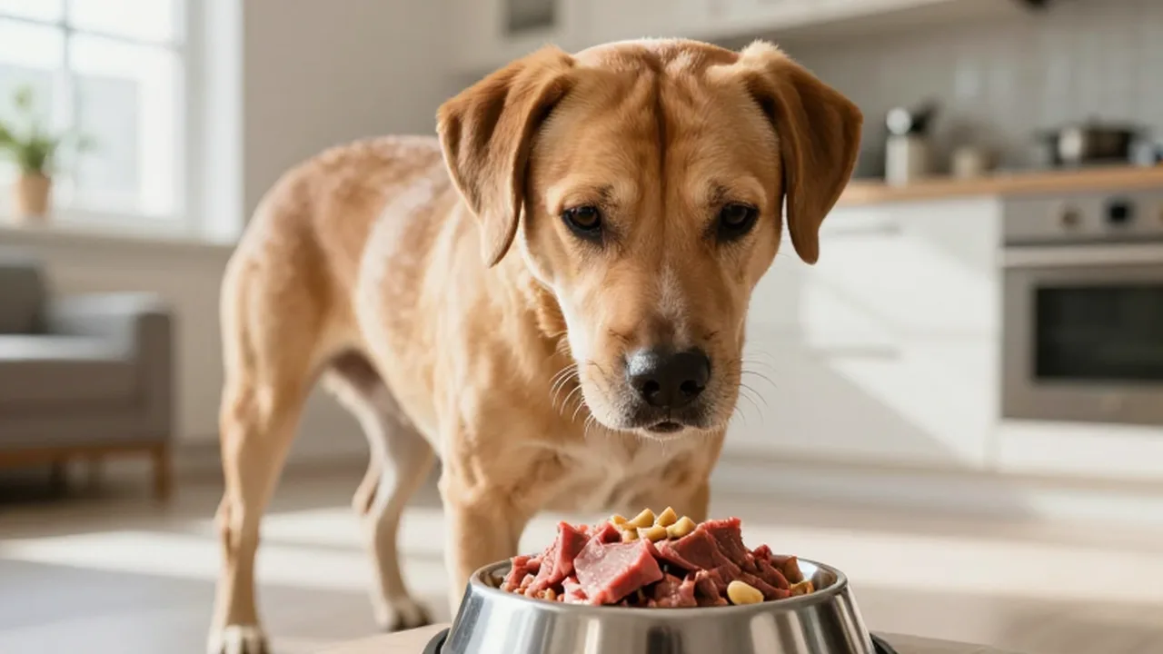 Perro musculoso junto a un cuenco con carne fresca en una cocina luminosa.
