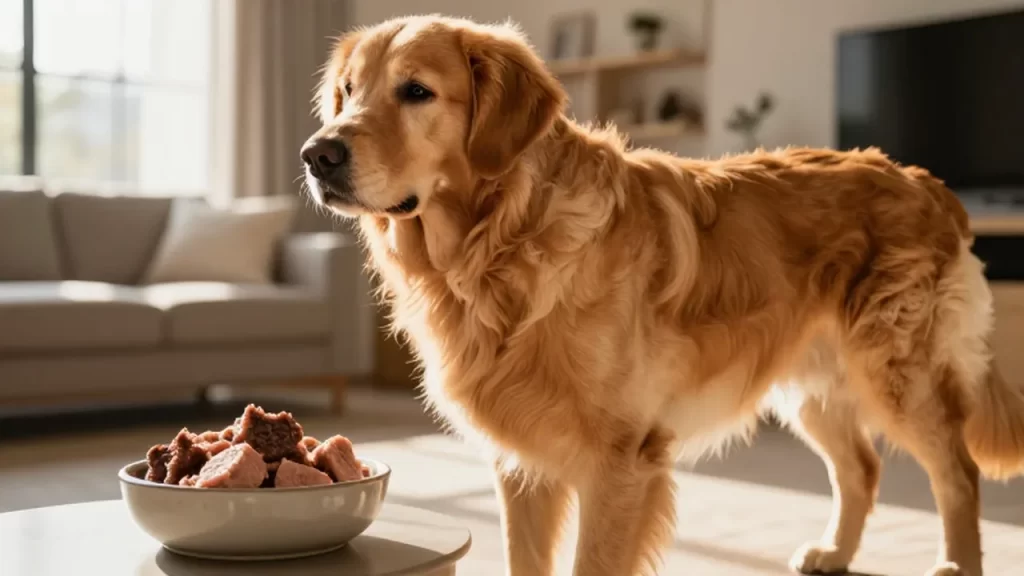 Golden Retriever musculoso de pie en una sala iluminada por el sol junto a su plato de comida.