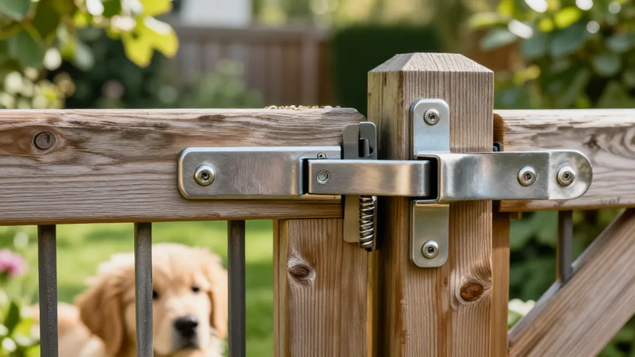 Cierre metálico de seguridad en una valla de madera con un cachorro de golden retriever al fondo.