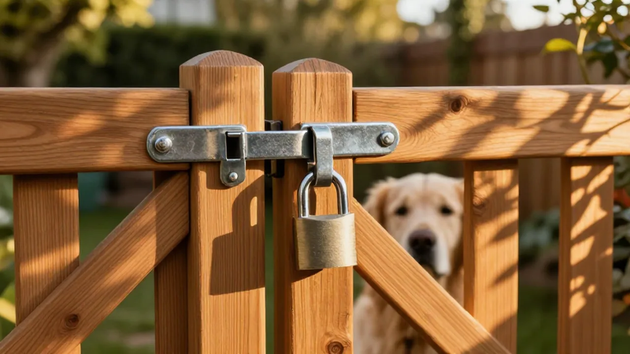 Cerrojo metálico y candado en una puerta de madera con un perro al fondo.