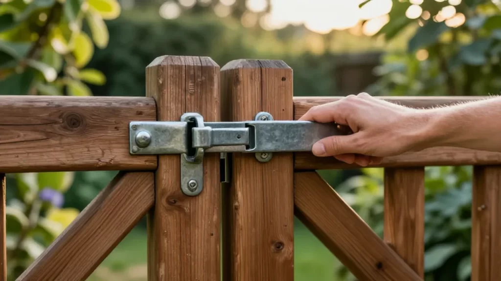 Una mano cierra con seguridad el pestillo de metal de una puerta de madera en un jardín.