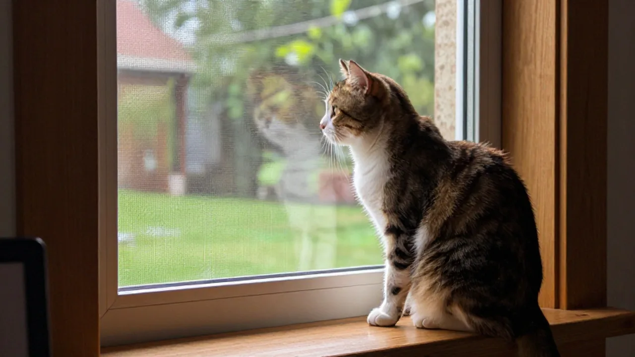 Gato doméstico observando con curiosidad hacia un jardín a través de una ventana con rejilla de seguridad.