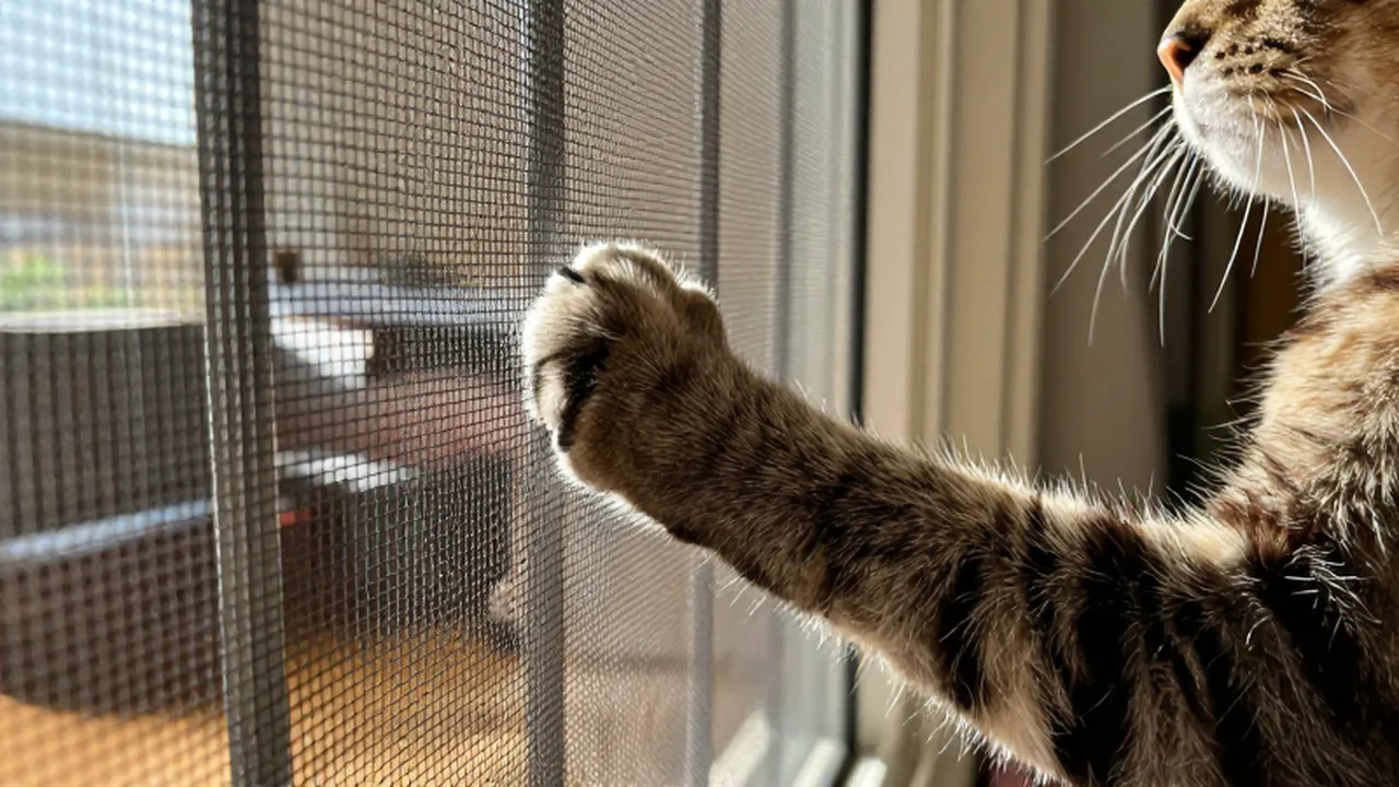 Pata de gato tocando una malla metálica de seguridad en una ventana iluminada por el sol.