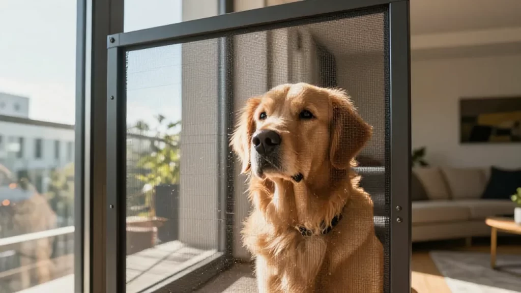 Un golden retriever mira con curiosidad a través de una red de seguridad metálica en la ventana.