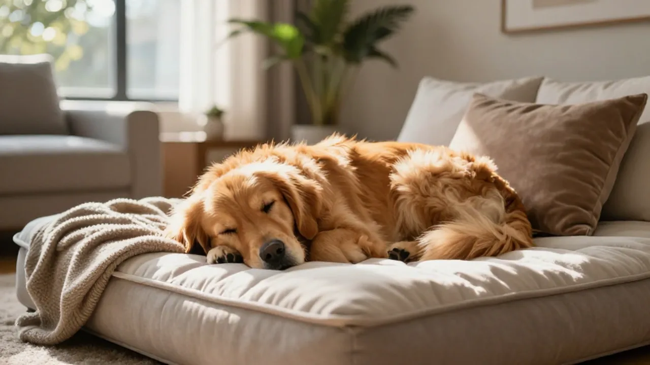Un golden retriever esponjoso duerme plácidamente en una cama ortopédica acogedora bajo la luz del sol.