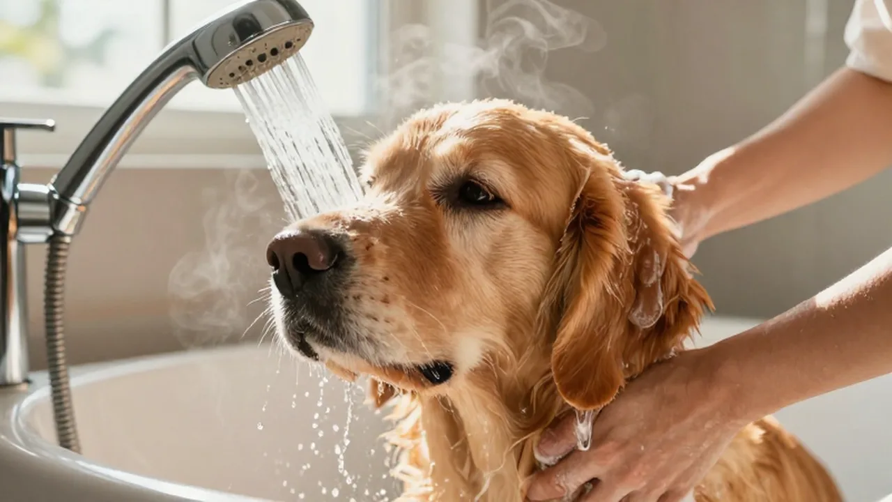 Persona masajeando con champú el pelaje de un golden retriever durante un baño relajante.
