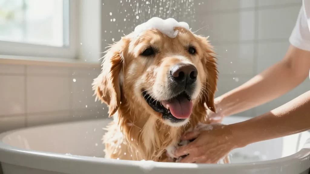 Golden retriever feliz cubierto de espuma mientras una persona le lava el pelaje en un baño iluminado.