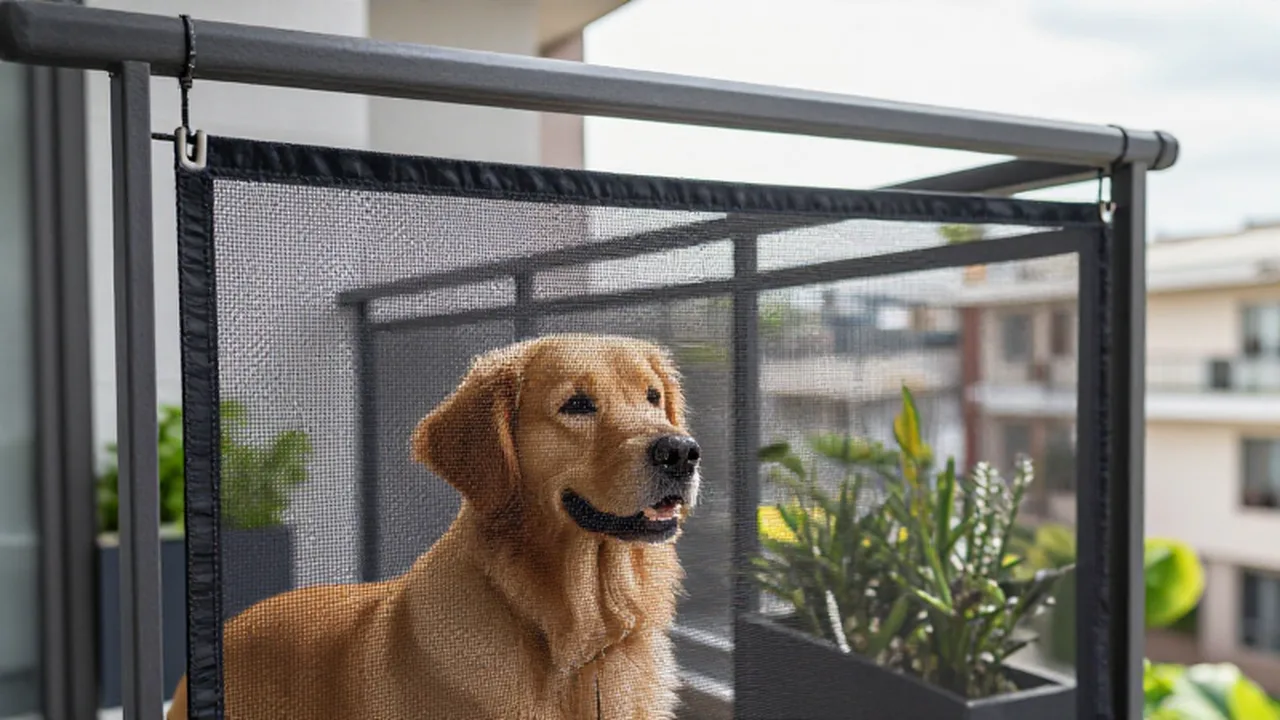 Golden retriever curioso asomado a través de una red de seguridad metálica en un balcón.