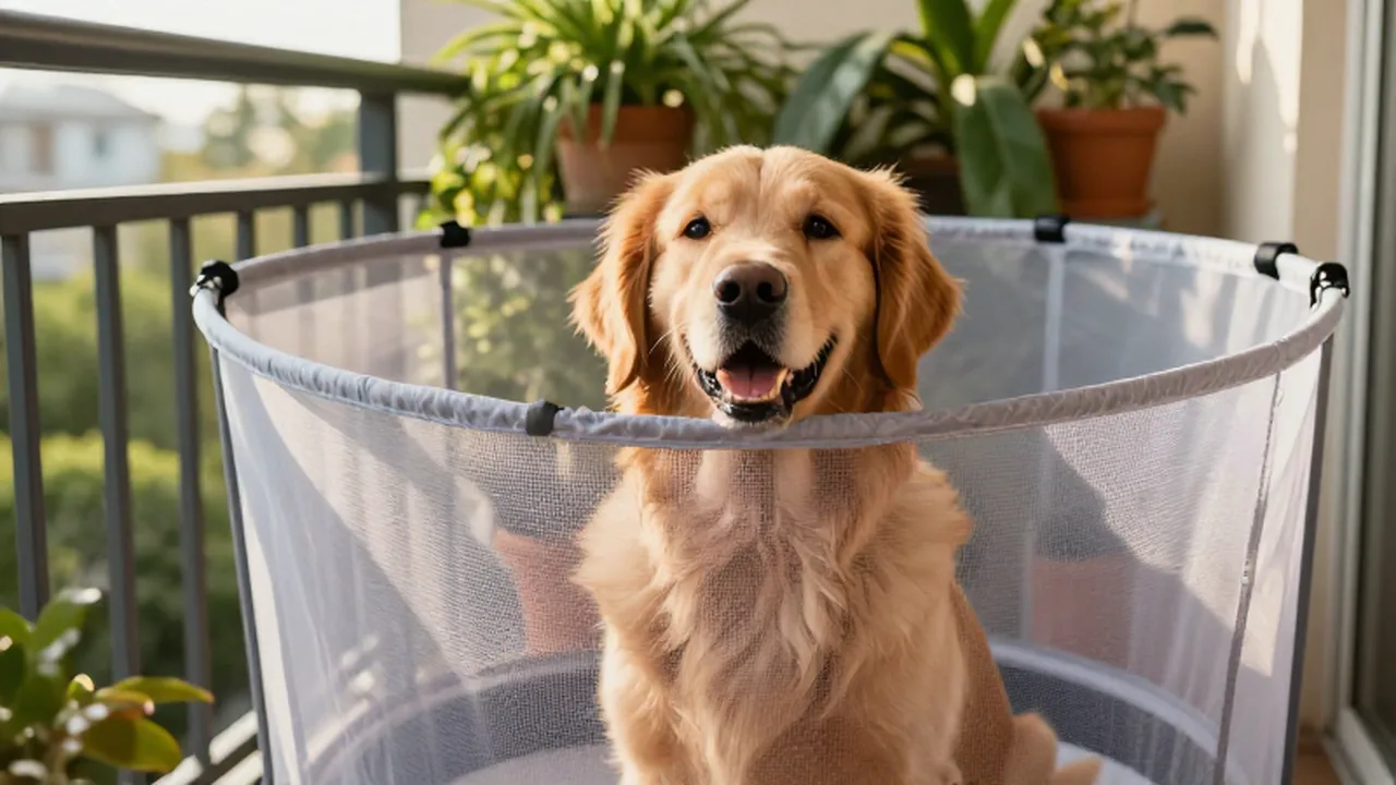 Golden retriever sentado tranquilamente en un balcón protegido por una red de seguridad transparente.