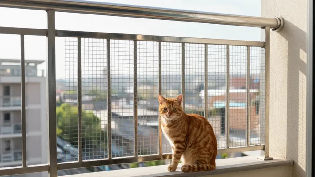 Gato tabby naranja sentado tranquilamente en un balcón protegido con malla de seguridad de acero.