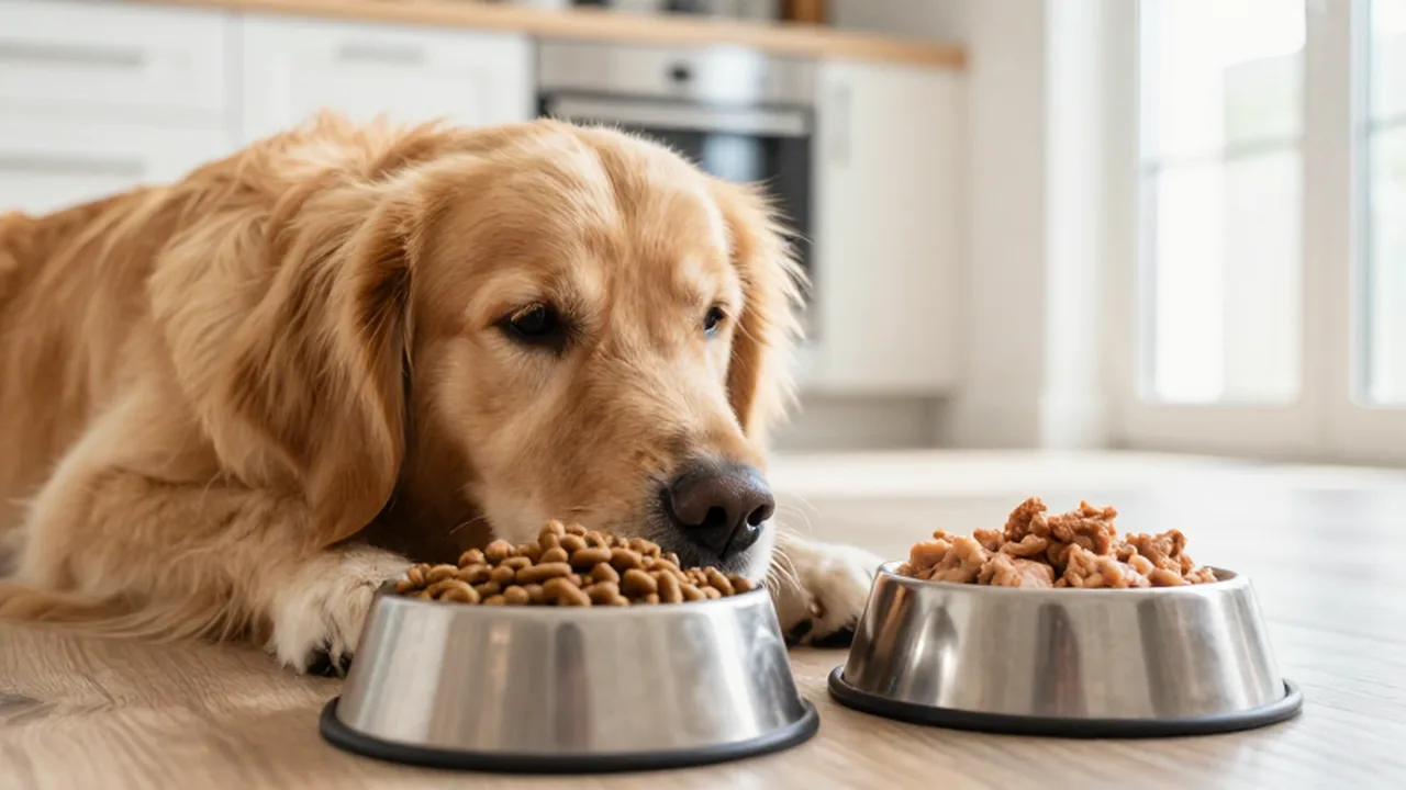Golden retriever mirando con curiosidad dos cuencos con pienso seco y comida húmeda en una cocina.