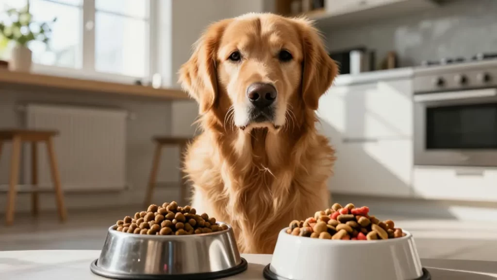 Golden retriever sentado junto a dos cuencos con comida seca y alimento fresco en una cocina.