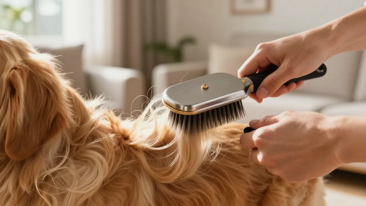 Manos pasando un cepillo metálico sobre el pelo largo y dorado de un Golden Retriever.