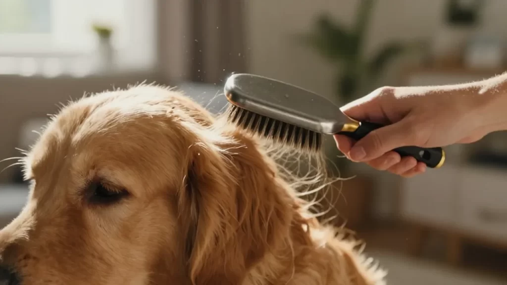 Unas manos cepillan suavemente el pelaje largo y dorado de un golden retriever bajo la luz del sol.