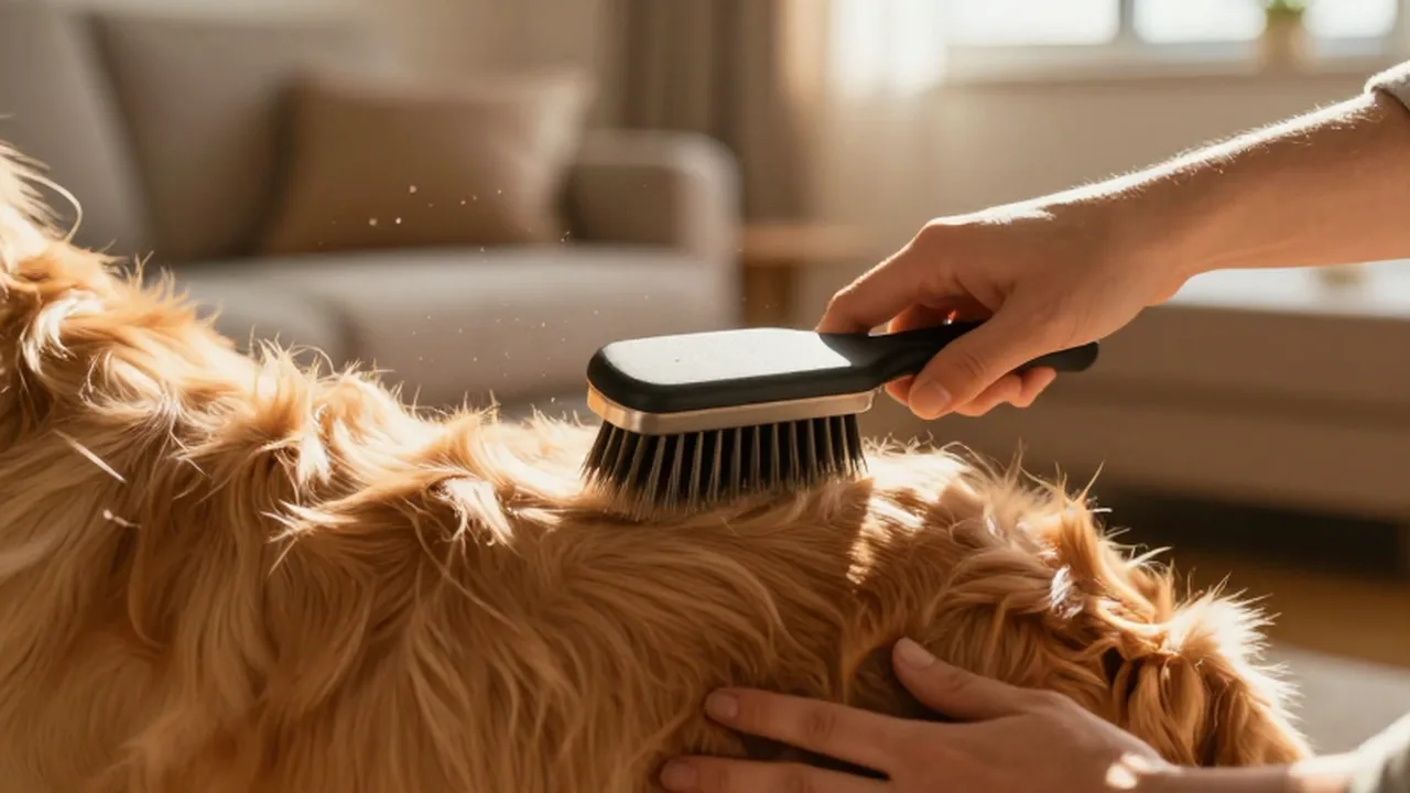 Manos cepillando con cuidado el pelaje de un golden retriever en una sala iluminada por el sol.