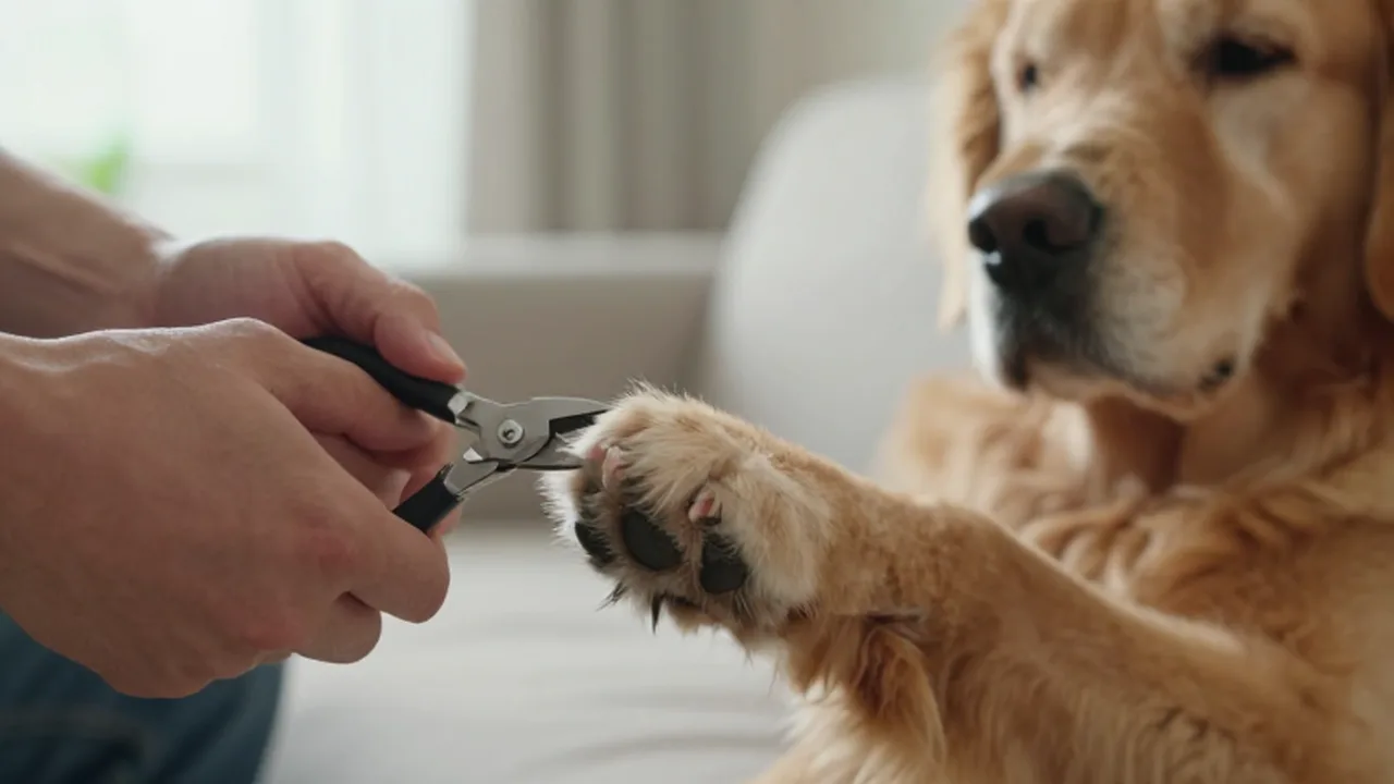Unas manos cortan con cuidado las uñas de la pata de un Golden Retriever.