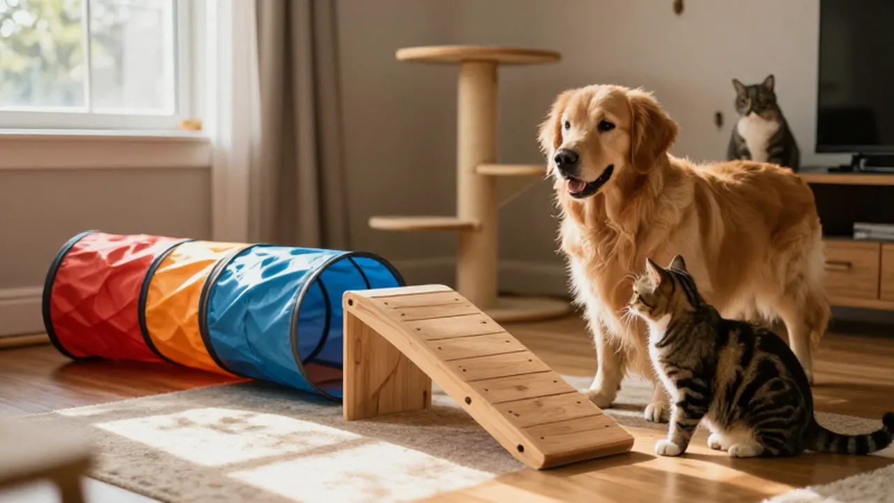 Un perro golden retriever y un gato atigrado juegan en un circuito de agilidad para mascotas en una sala acogedora.