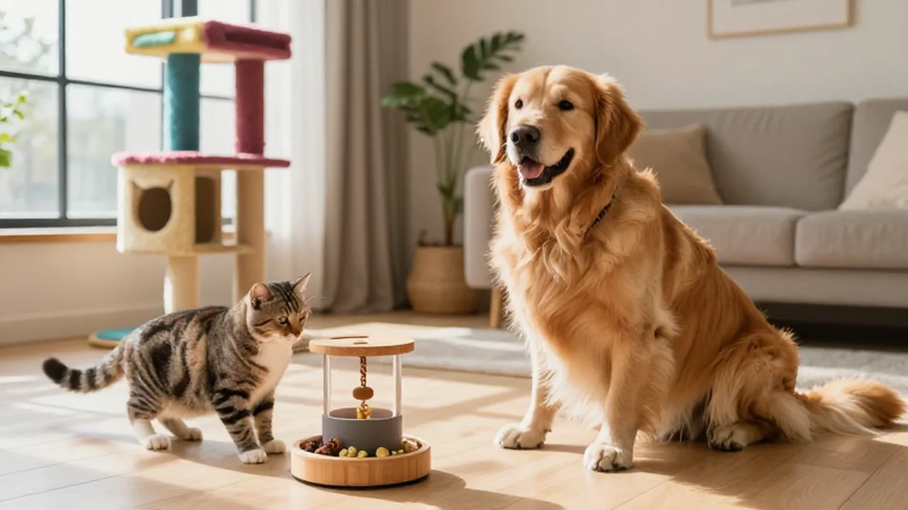 Un Golden Retriever y un gato tabby interactúan cerca de un alimentador interactivo en una sala luminosa.