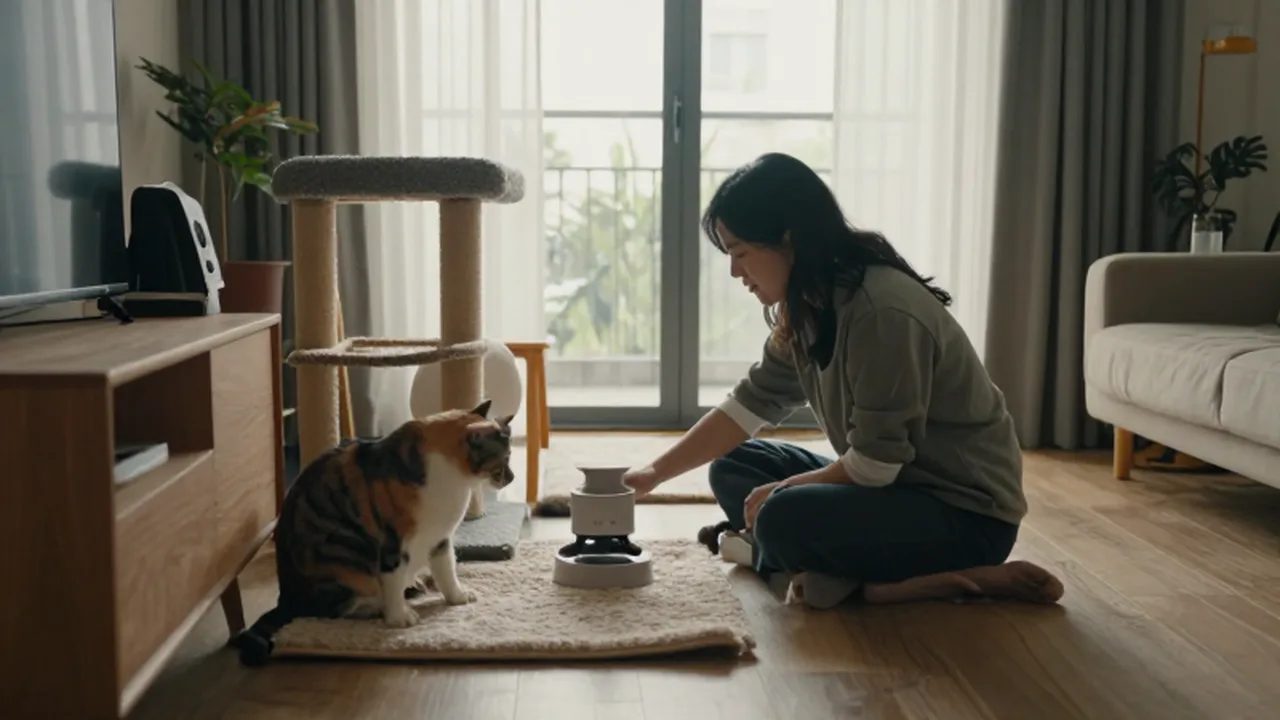 Persona interactuando con un gato y un perro en una sala iluminada con juguetes de enriquecimiento.