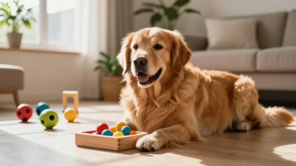 Golden Retriever feliz jugando con un rompecabezas de madera en una luminosa sala de estar.