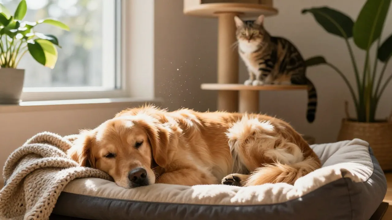 Un perro golden retriever descansando en su cama junto a un gato en un rincón luminoso.
