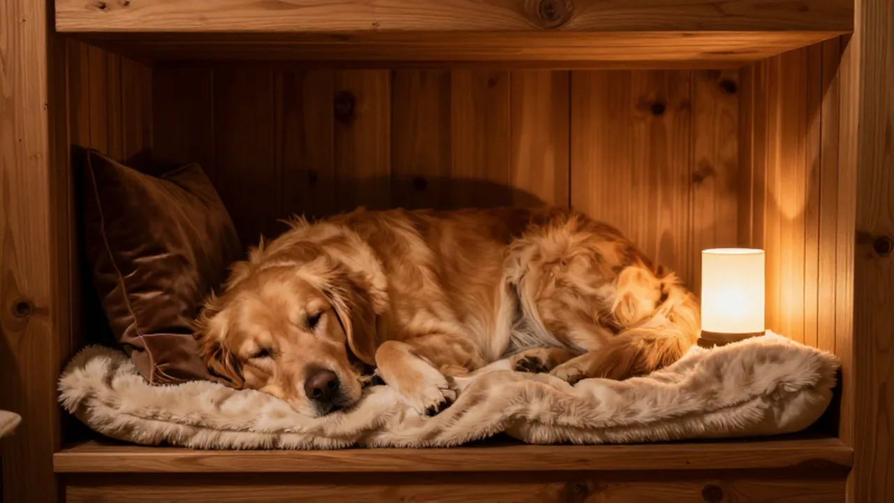 Un golden retriever descansa pacíficamente sobre mantas suaves dentro de un acogedor rincón de madera.