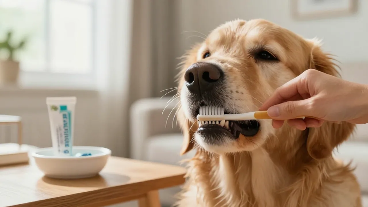 Manos de una persona cepillando con suavidad los dientes de un golden retriever.