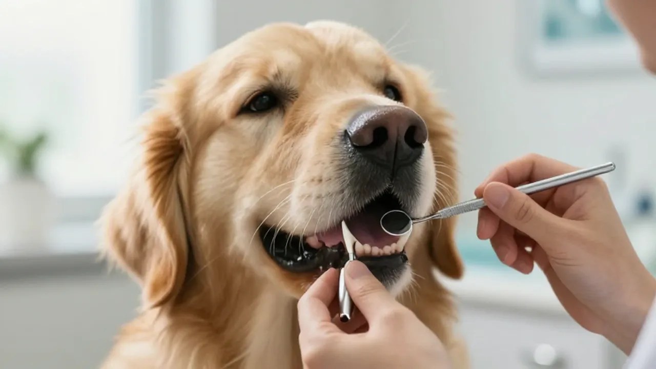 Un veterinario inspecciona la boca y las encías de un golden retriever en una clínica.