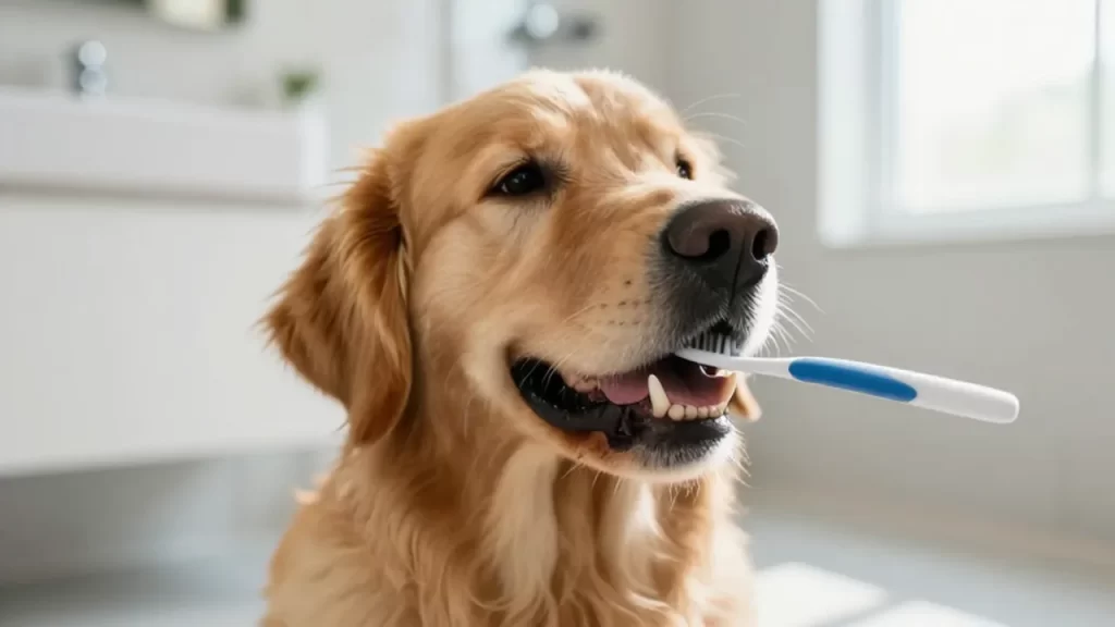 Golden Retriever feliz sentado en un baño con un cepillo de dientes para mascotas cerca.