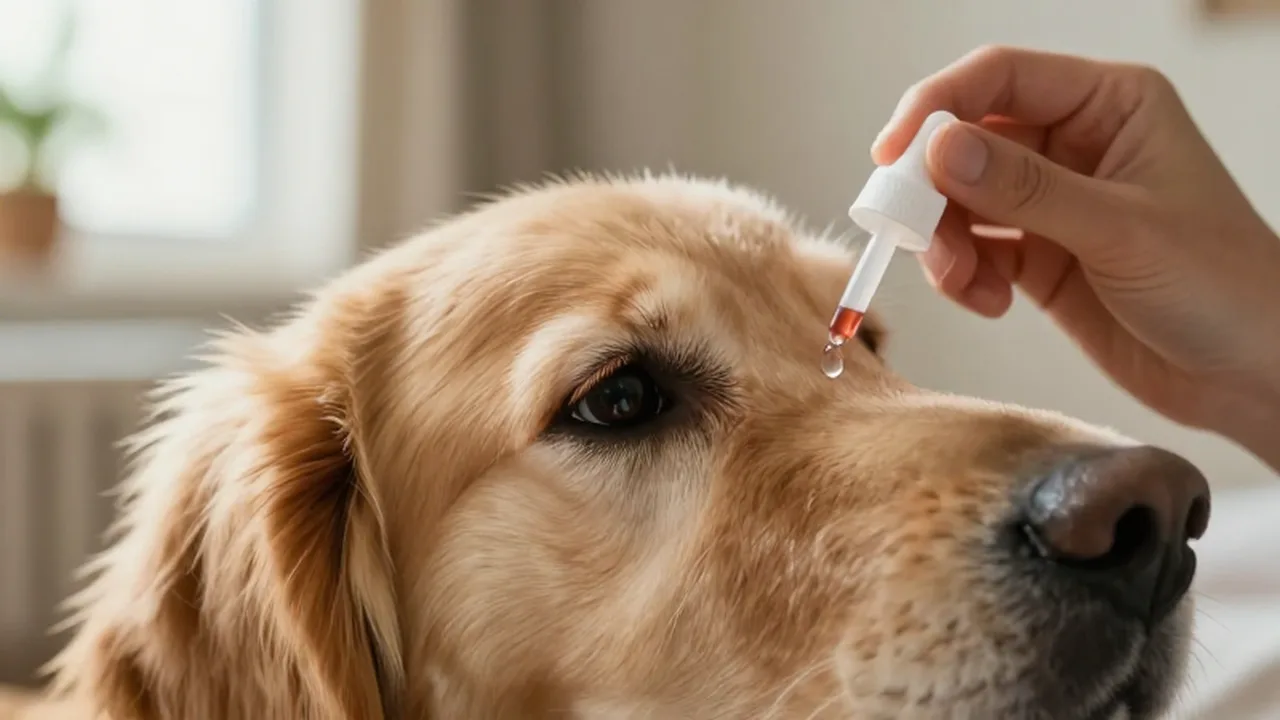 Una persona aplica gotas oculares con cuidado en el ojo de un Golden Retriever.