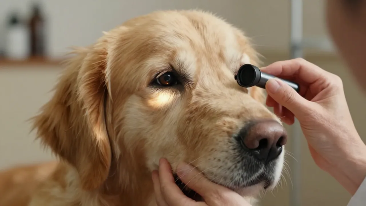 Un veterinario examina de cerca el ojo de un perro Golden Retriever anciano con una luz profesional.