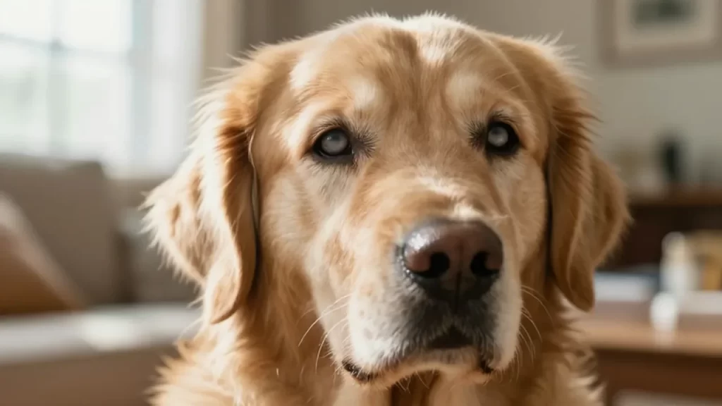 Primer plano de un Golden Retriever anciano con ojos nublados en una sala acogedora.