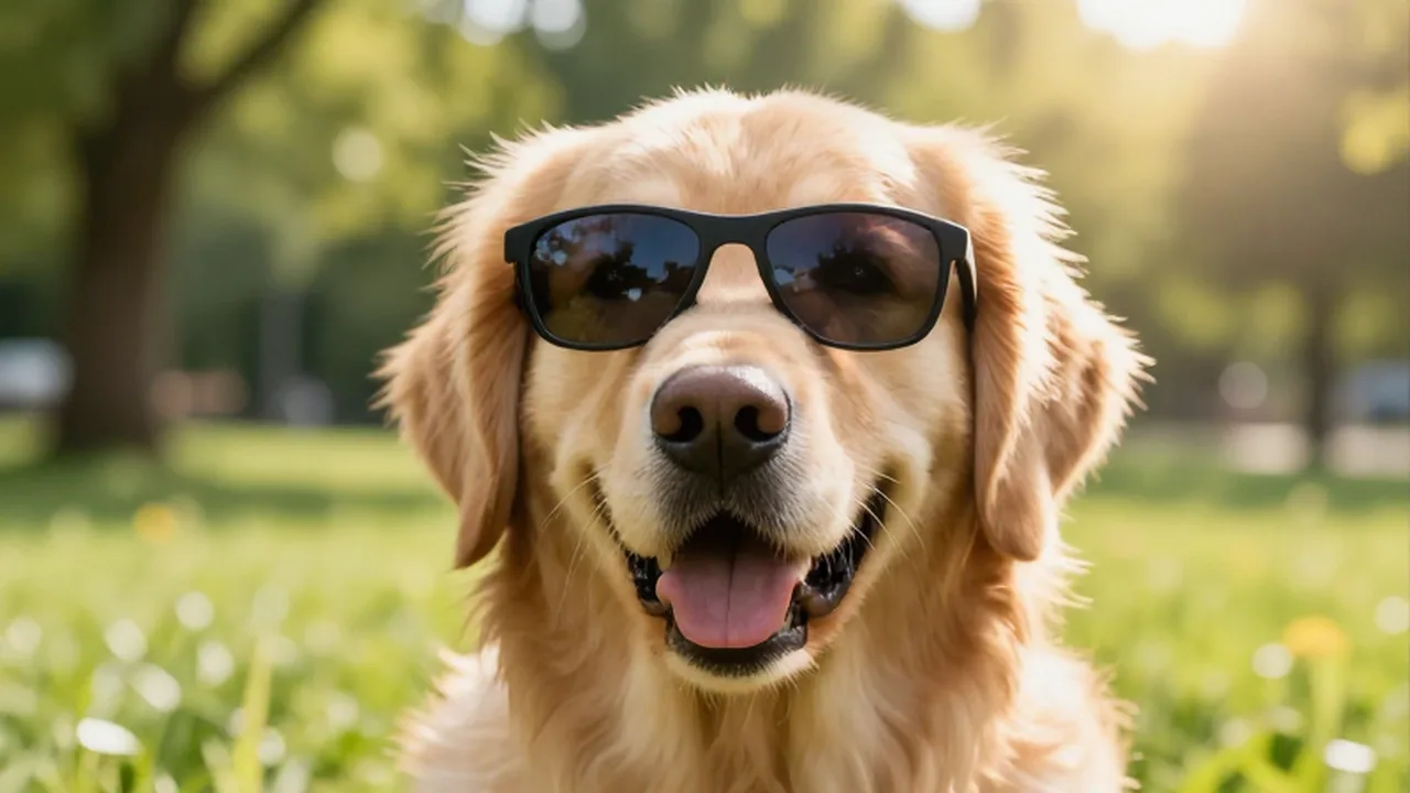 Golden retriever feliz usando gafas de sol protectoras en un parque soleado.