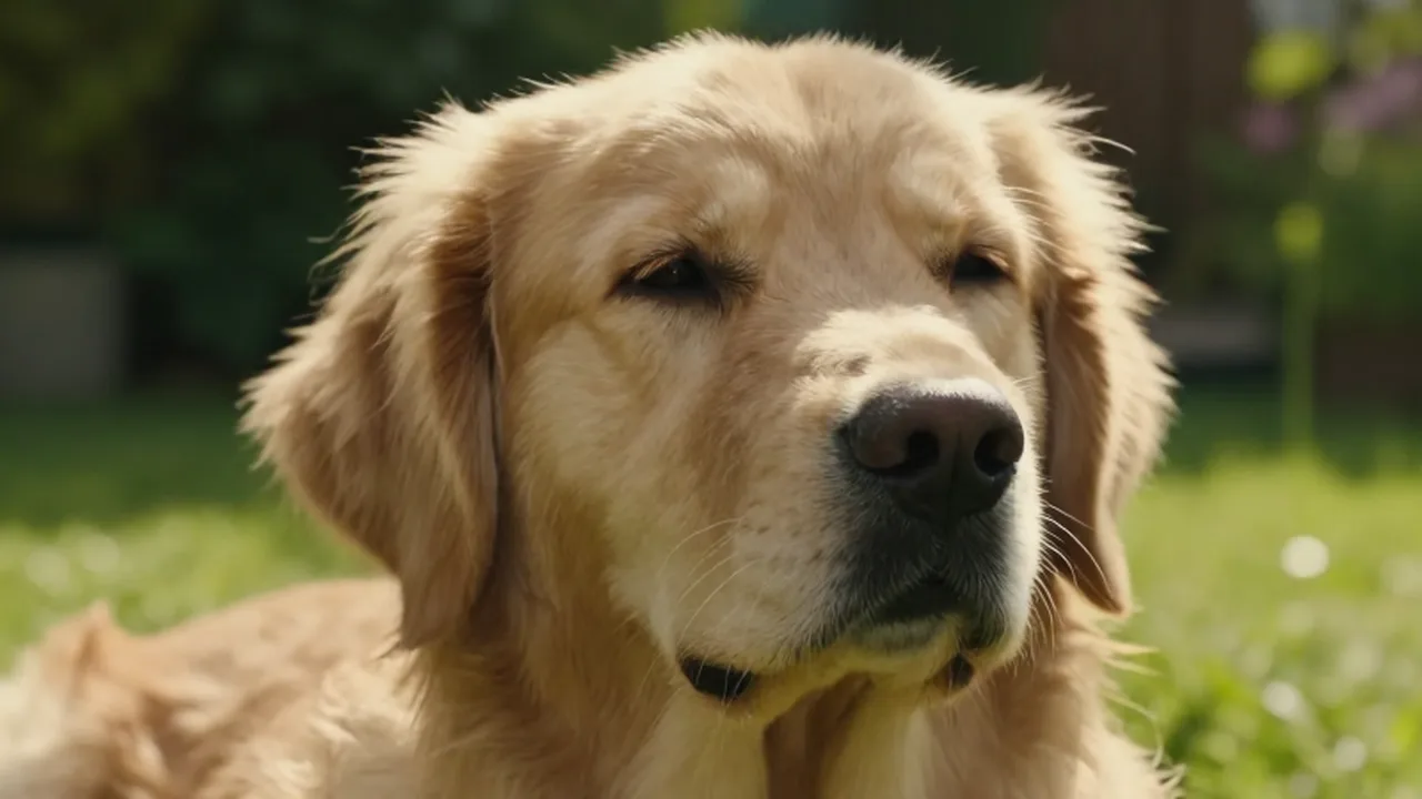Primer plano de un Golden Retriever que entrecierra los ojos bajo la luz del atardecer en un jardín.