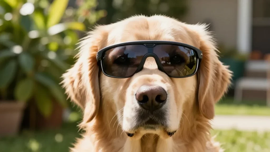 Golden Retriever con gafas protectoras especiales en un jardín soleado.