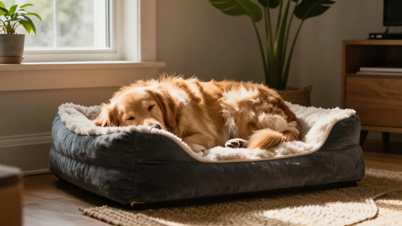 Un golden retriever descansa tranquilamente en una cama ortopédica junto a una ventana soleada.